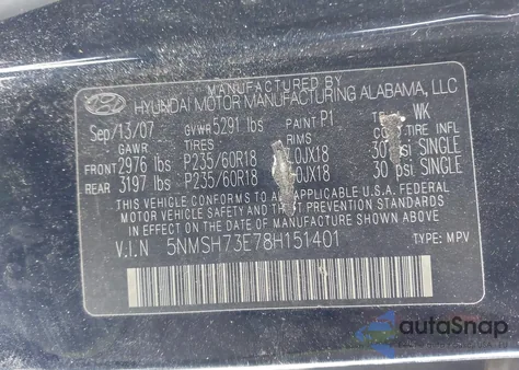 2008 Hyundai Santa Fe Limited/Se z USA, uszkodzony, nr VIN 5NMSH73E78H151401